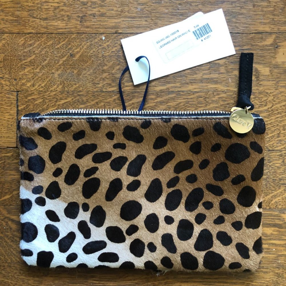 BNWT Clare V leopard hair-on wallet clutch